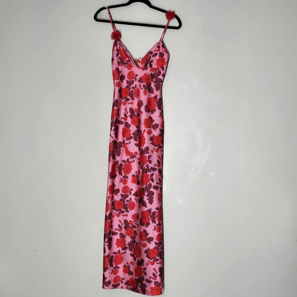 For Love & Lemons Huda Maxi Dress XXS Pink Rose Floral Rosette Slip $289